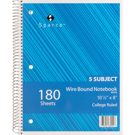 Sparco Wirebound College Ruled Notebooks - 180 Sheets - Wire Bound - College Ruled Front Ruling - Unruled Margin - 8" x 10 1/2" Sheet Size - Assorted Paper - Assorted Chipboard Cover - Resist Bleed-through, Subject, Stiff-back, Stiff-cover - 1 Each