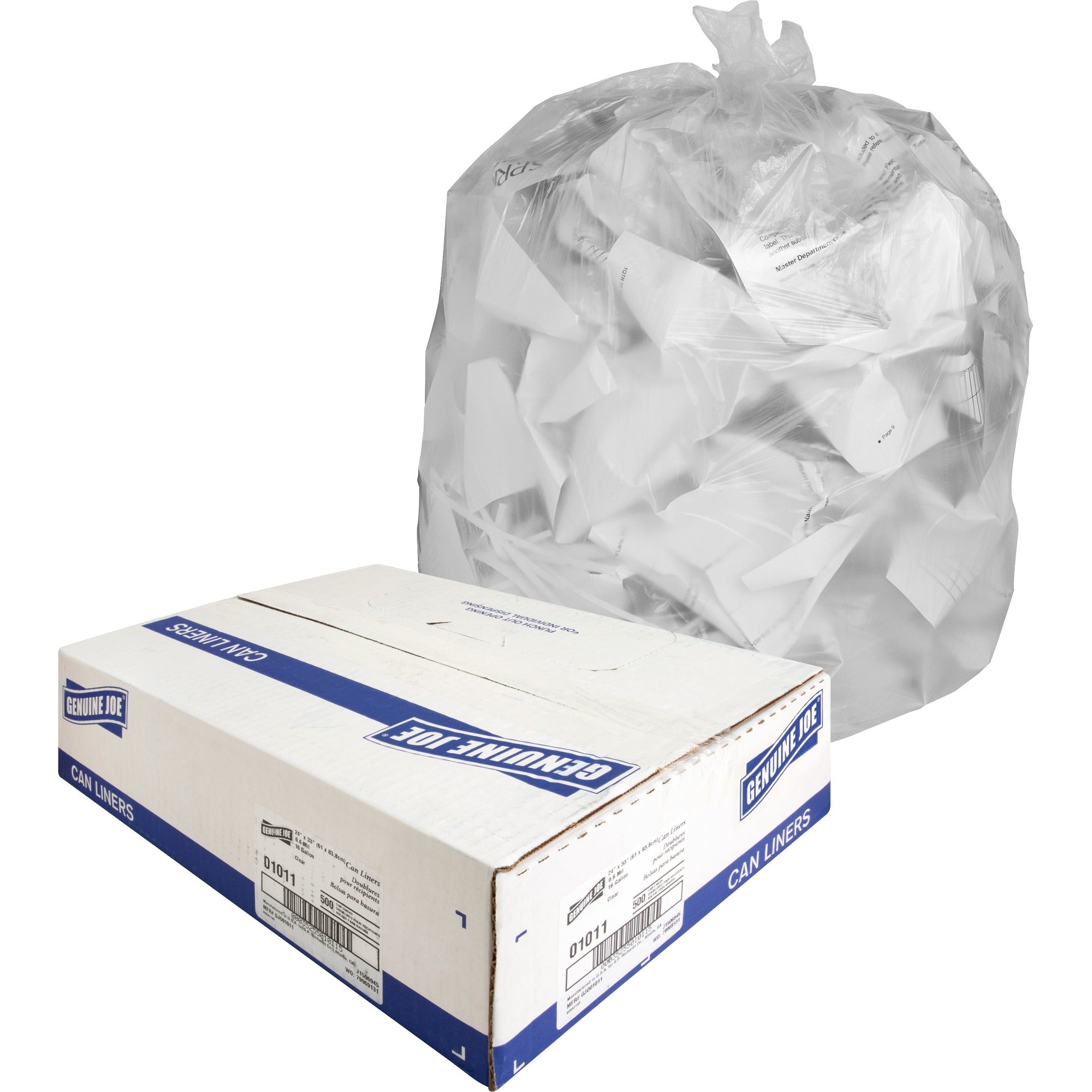 Genuine Joe Clear Trash Can Liners - Small Size - 16 gal Capacity - 33" Length x 24" Width x 0.60 mil (15 Micron) Thickness - Low Density - Clear - 500/Box - 1 / Carton