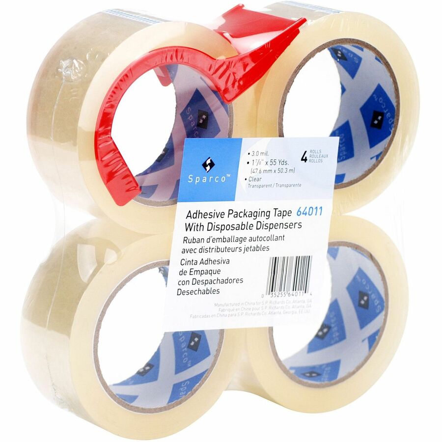 Sparco Heavy-duty Packaging Tape with Dispenser - 55 yd Length x 2" Width - 3" Core - Clear - 3 mil - Acrylic Backing - Dispenser Included - Tear Resistant, Split Resistant, Breakage Resistance - For Packing - 4 / Pack
