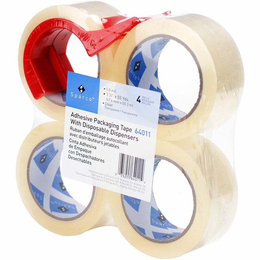 Sparco Heavy-duty Packaging Tape with Dispenser - 55 yd Length x 2" Width - 3" Core - Clear - 3 mil - Acrylic Backing - Dispenser Included - Tear Resistant, Split Resistant, Breakage Resistance - For Packing - 4 / Pack