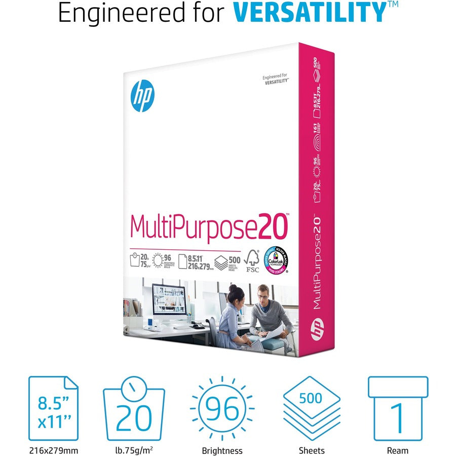 HP Papers Multipurpose20 Copy Paper - White - 96 Brightness - Letter - 8 1/2" x 11" - 20 lb Basis Weight - Smooth - Quick Drying, Smear Resistant - White - 500 / Ream