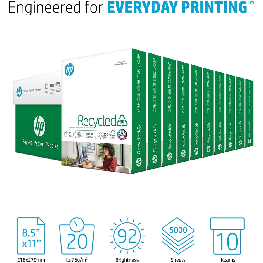HP Recycled30 Paper: White 92 Brightness Letter Size 20 lb Weight Quick Drying - 500 Sheets/Ream - Copy & Printer Paper