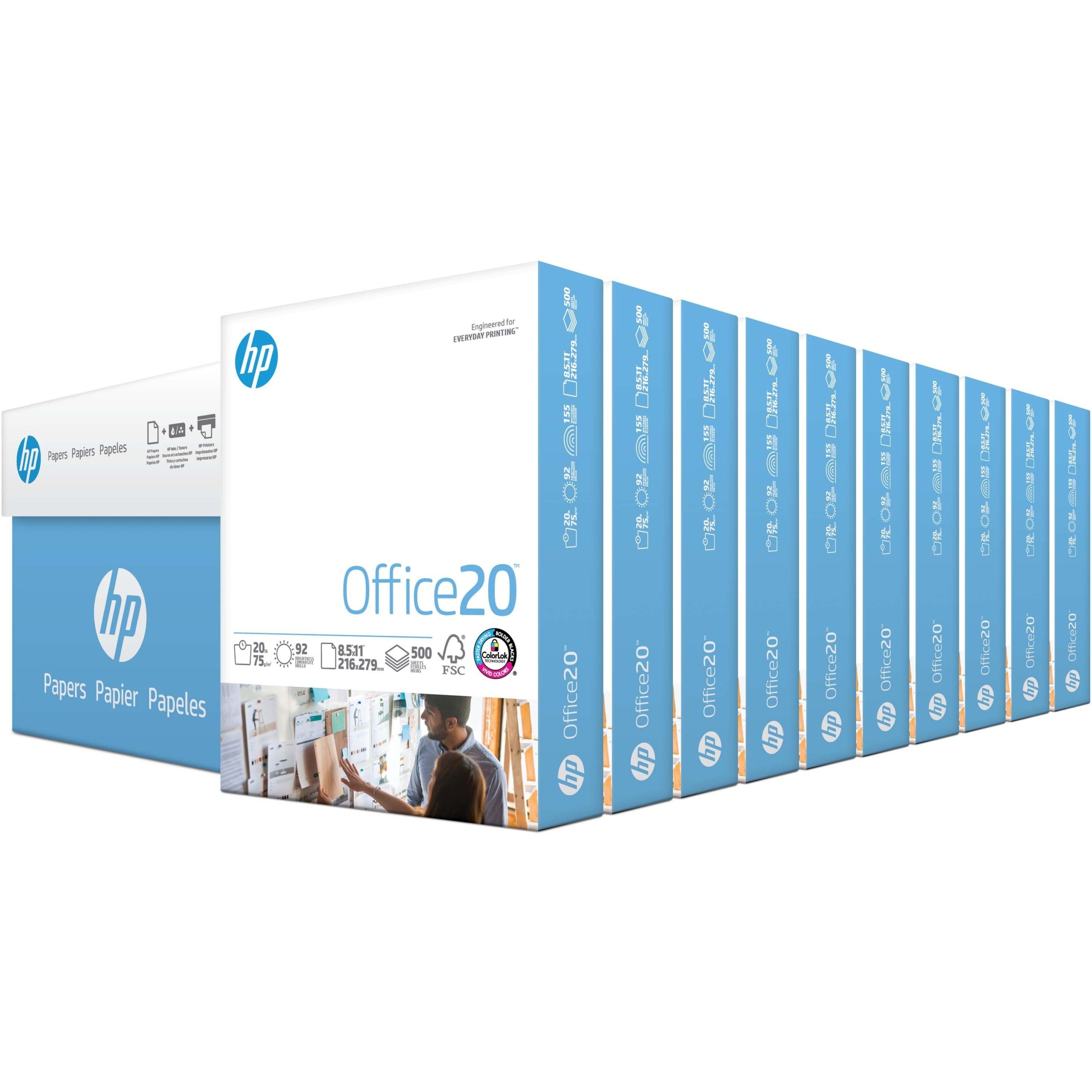 HP Office20 Paper - White - 92 Brightness - Letter - 8 1/2" x 11" - 20 lb Basis Weight - Smear Resistant, Quick Drying, Acid-free - White - 500 Sheets per Ream - 10 / Carton