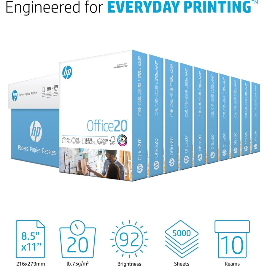 HP Office20 Paper - White - 92 Brightness - Letter - 8 1/2" x 11" - 20 lb Basis Weight - Smear Resistant, Quick Drying, Acid-free - White - 500 Sheets per Ream - 10 / Carton