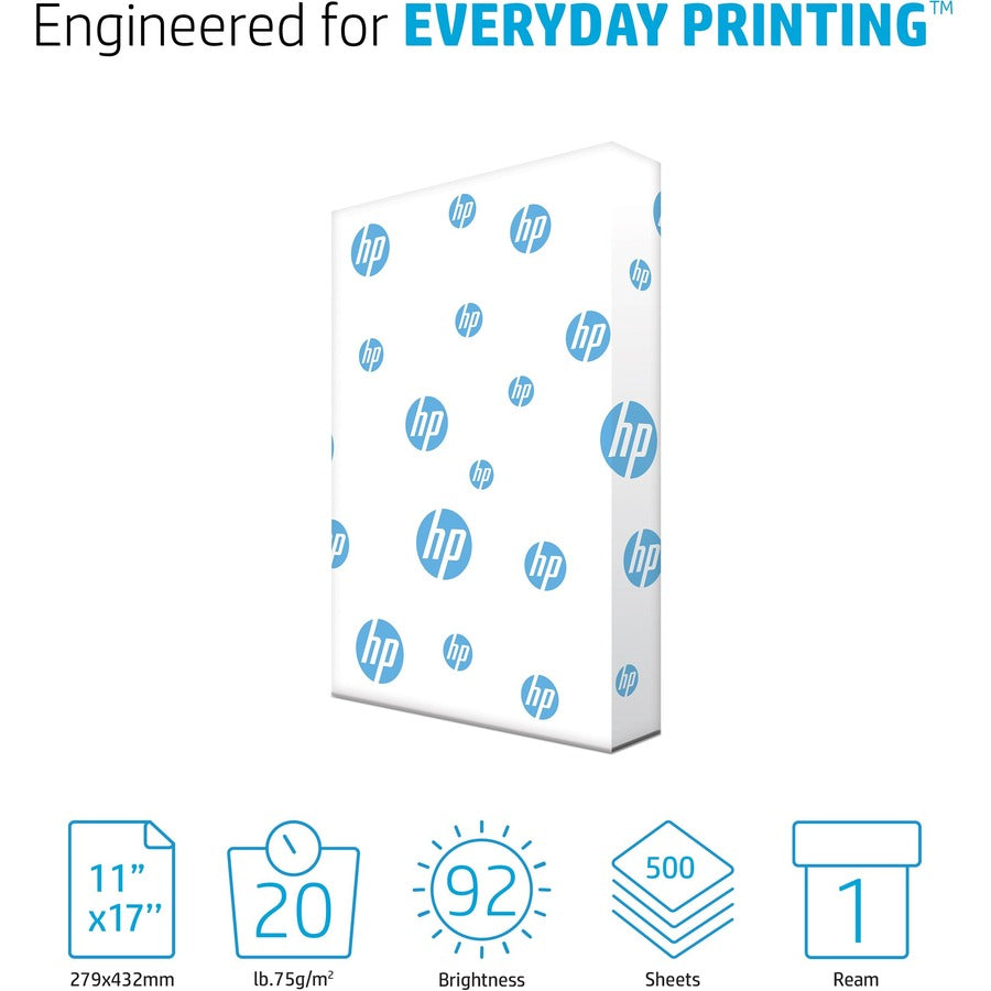 HP Papers Office20 Paper - White - 92 Brightness - Ledger/Tabloid - 11" x 17" - 20 lb Basis Weight - Smear Resistant, Quick Drying - White - 500 / Ream