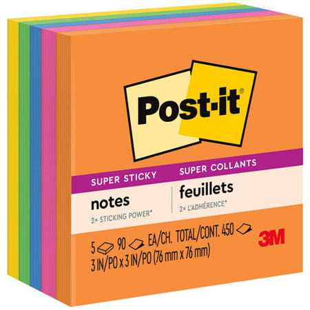 Post-it® Super Sticky Notes - Energy Boost Color Collection - 450 - 3" Flag/Note Width x 3" Flag/Note Length - Square - 90 Sheets per Pad - Unruled - Vital Orange, Tropical Pink, Sunnyside, Blue Paradise, Limeade - Paper - Self-adhesive - 5 / Pack