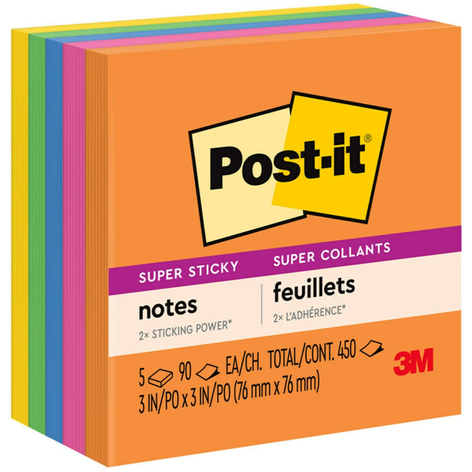 Post-it® Super Sticky Notes - Energy Boost Color Collection - 450 - 3" Flag/Note Width x 3" Flag/Note Length - Square - 90 Sheets per Pad - Unruled - Vital Orange, Tropical Pink, Sunnyside, Blue Paradise, Limeade - Paper - Self-adhesive - 5 / Pack