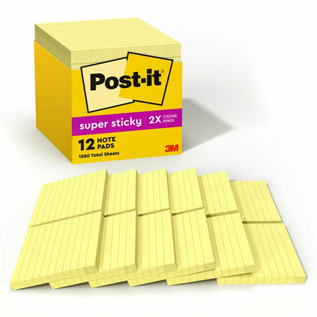 Post-it® Super Sticky Lined Notes Cabinet Pack - 1080 - 4" Flag/Note Width x 4" Flag/Note Length - Square - 90 Sheets per Pad - Ruled - Canary Yellow - Paper - Self-adhesive, Repositionable - 12 / Pack