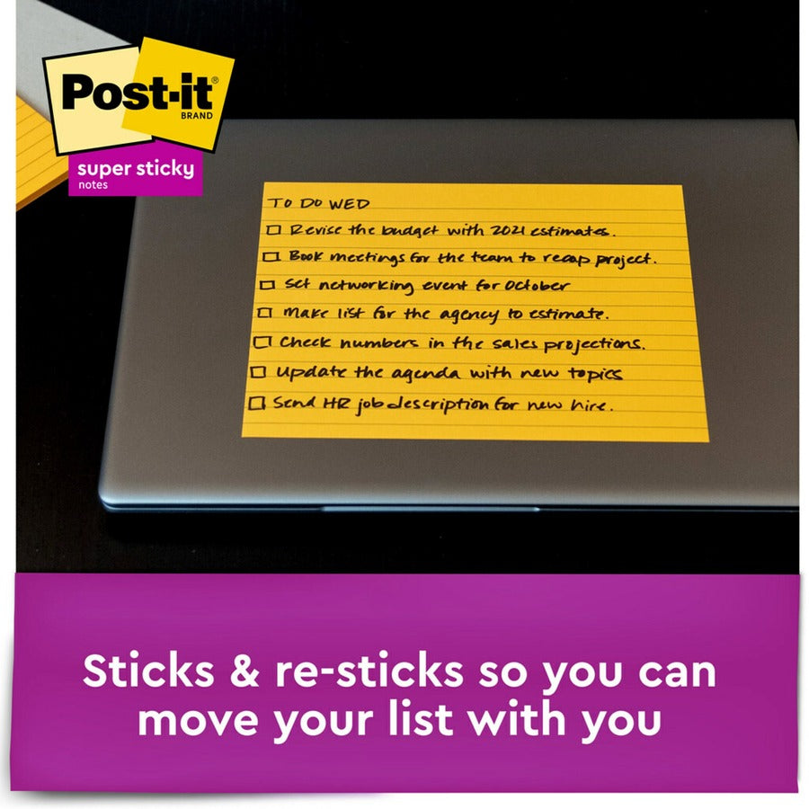 Post-it® Super Sticky Lined Meeting Notepads - 180 - 6" Flag/Note Width x 8" Flag/Note Length - Rectangle - 45 Sheets per Pad - Ruled - Vital Orange, Tropical Pink, Sunnyside, Limeade - Paper - Self-adhesive - 4 / Pack
