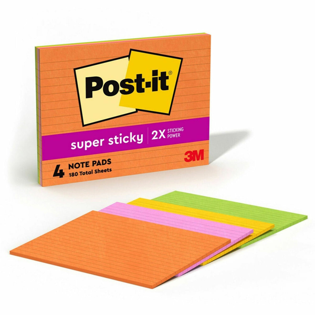 Post-it® Super Sticky Lined Meeting Notepads - 180 - 6" Flag/Note Width x 8" Flag/Note Length - Rectangle - 45 Sheets per Pad - Ruled - Vital Orange, Tropical Pink, Sunnyside, Limeade - Paper - Self-adhesive - 4 / Pack