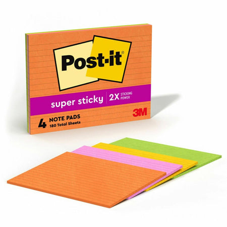 Post-it® Super Sticky Lined Meeting Notepads - 180 - 6" Flag/Note Width x 8" Flag/Note Length - Rectangle - 45 Sheets per Pad - Ruled - Vital Orange, Tropical Pink, Sunnyside, Limeade - Paper - Self-adhesive - 4 / Pack