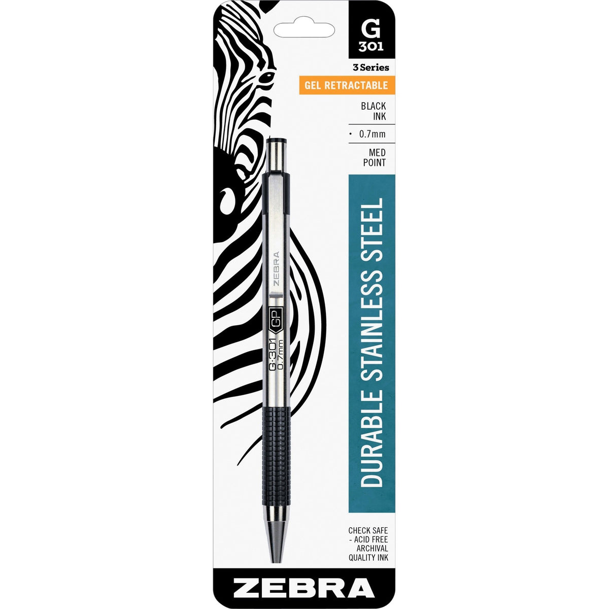 Zebra STEEL 3 Series G-301 Retractable Gel Pen - 0.7 mm Medium Pen Point - Refillable - Retractable - Black Ink - Gel-based - Stainless Steel Barrel - 1 Each