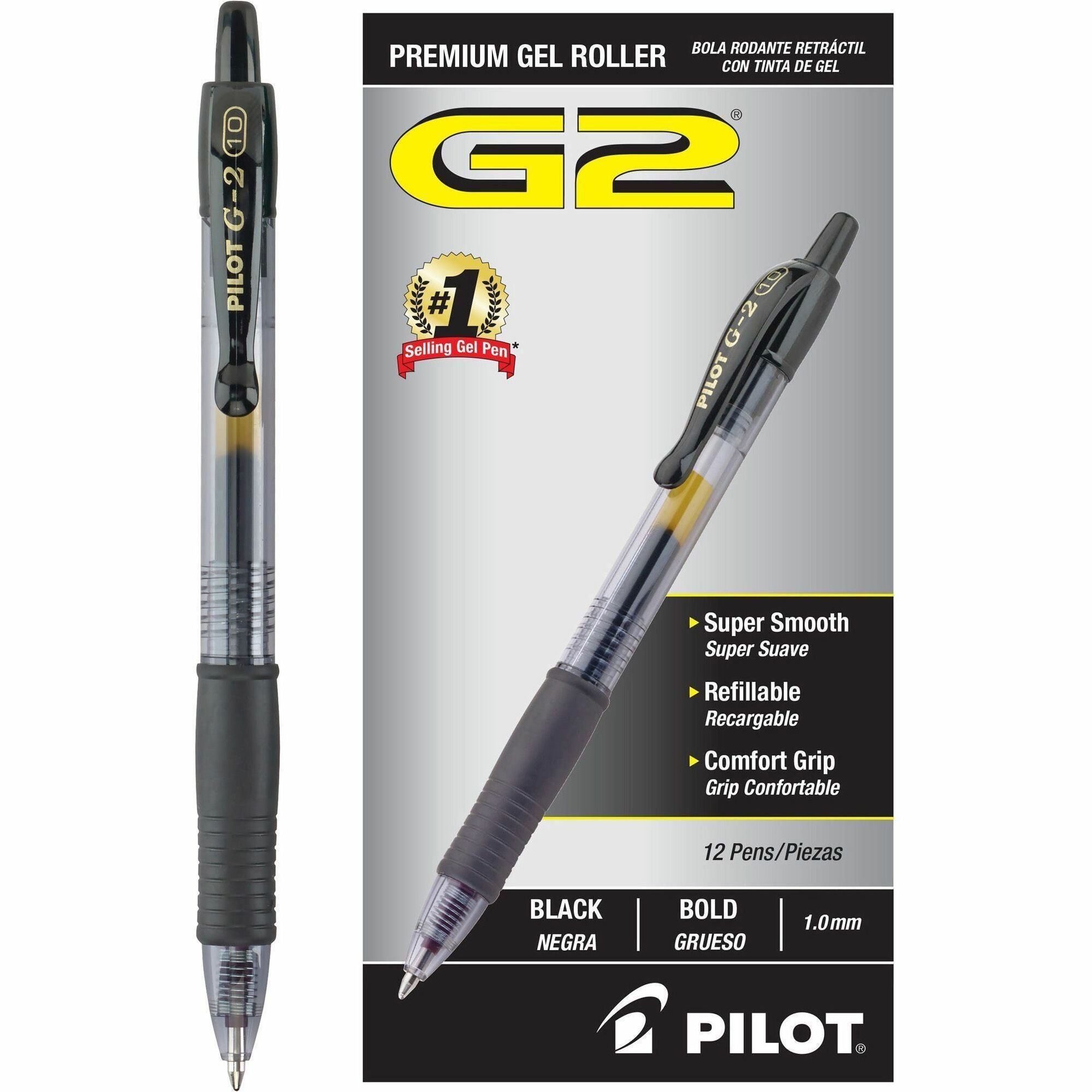 Pilot G2 Bold Point Retractable Gel Pens - 1 mm Bold Pen Point - Refillable - Retractable - Black Ink - Gel-based - Clear Barrel - 1 Dozen