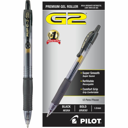 Pilot G2 Bold Point Retractable Gel Pens - 1 mm Bold Pen Point - Refillable - Retractable - Black Ink - Gel-based - Clear Barrel - 1 Dozen