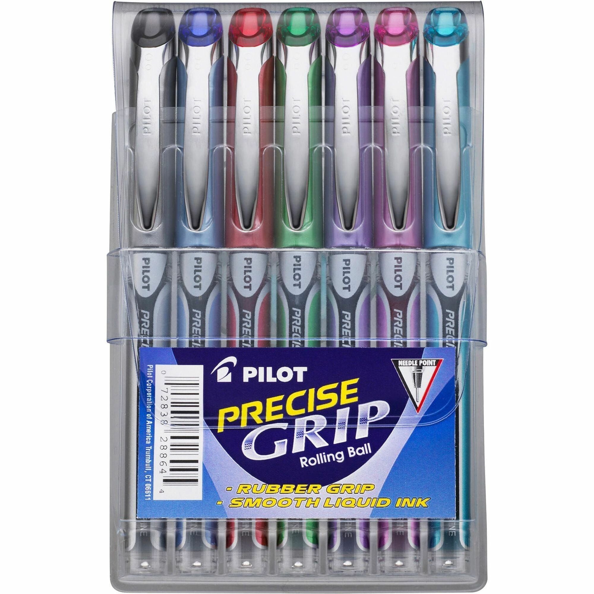 Pilot Precise Grip Extra-Fine Capped Rolling Ball Pens - 0.5 mm Extra Fine Needle Pen Point - Black, Red, Blue, Green, Purple, Pink, Turquoise Ink - 7 / Pack