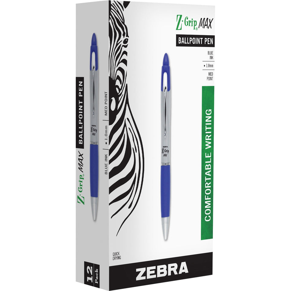 Zebra Z-grip Max Retractable Ballpoint Pens - 1 mm Medium Pen Point - Retractable - Blue Ink - Gray Barrel - 1 Dozen