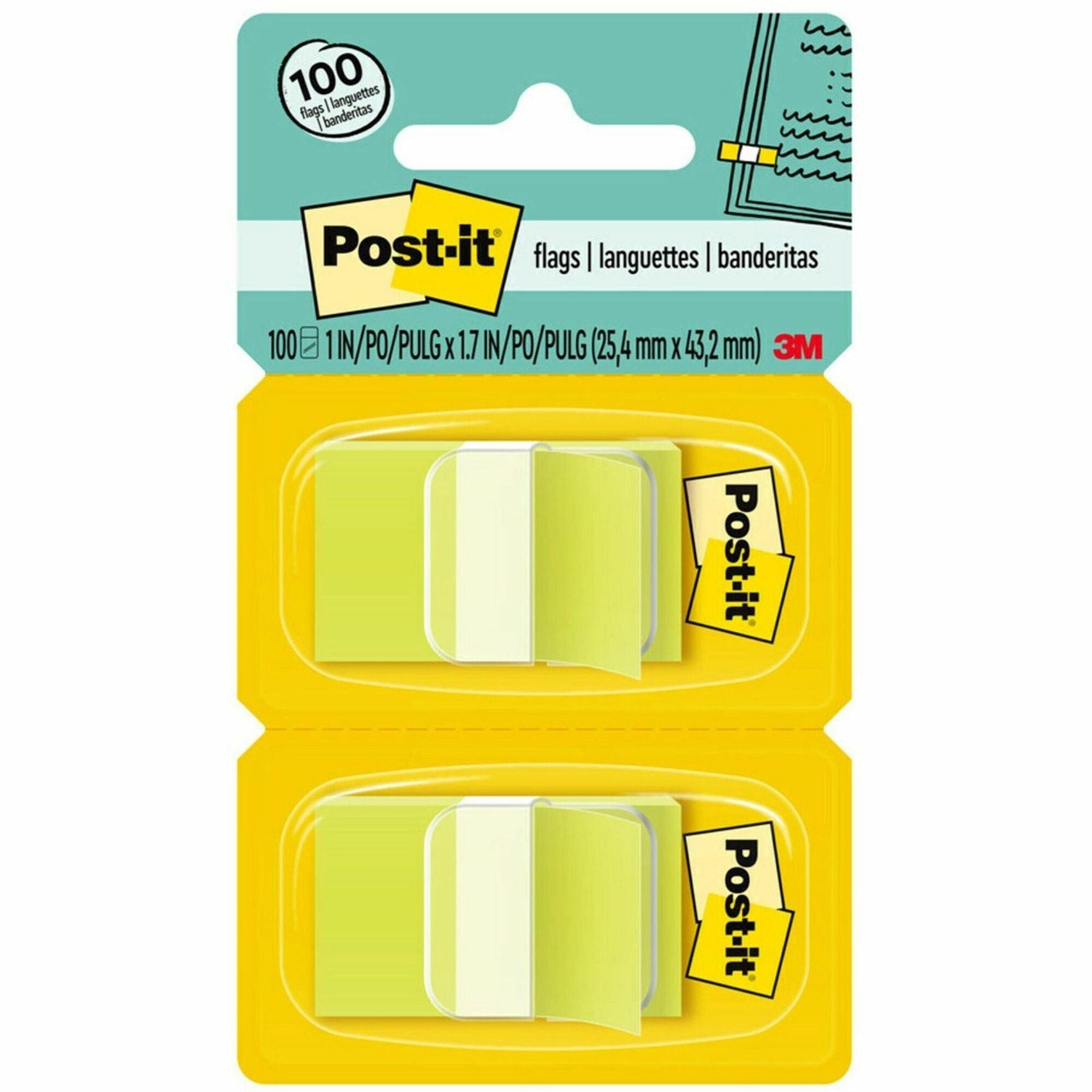 Post-it®  Flags - 100 x Bright Green - 1" Flag/Note Width x 1 3/4" Flag/Note Length - Rectangle - Unruled - Green - Removable, Self-adhesive - Dispenser Included - 100 / Pack