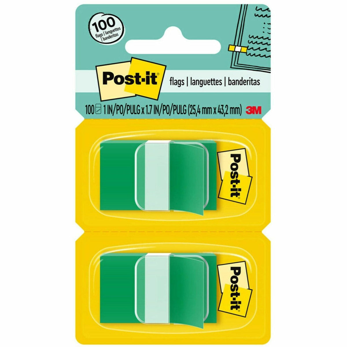 Post-it®  Flags - 100 x Green - 1" Flag/Note Width x 1 3/4" Flag/Note Length - Rectangle - Unruled - Green - Removable - Dispenser Included - 100 / Pack