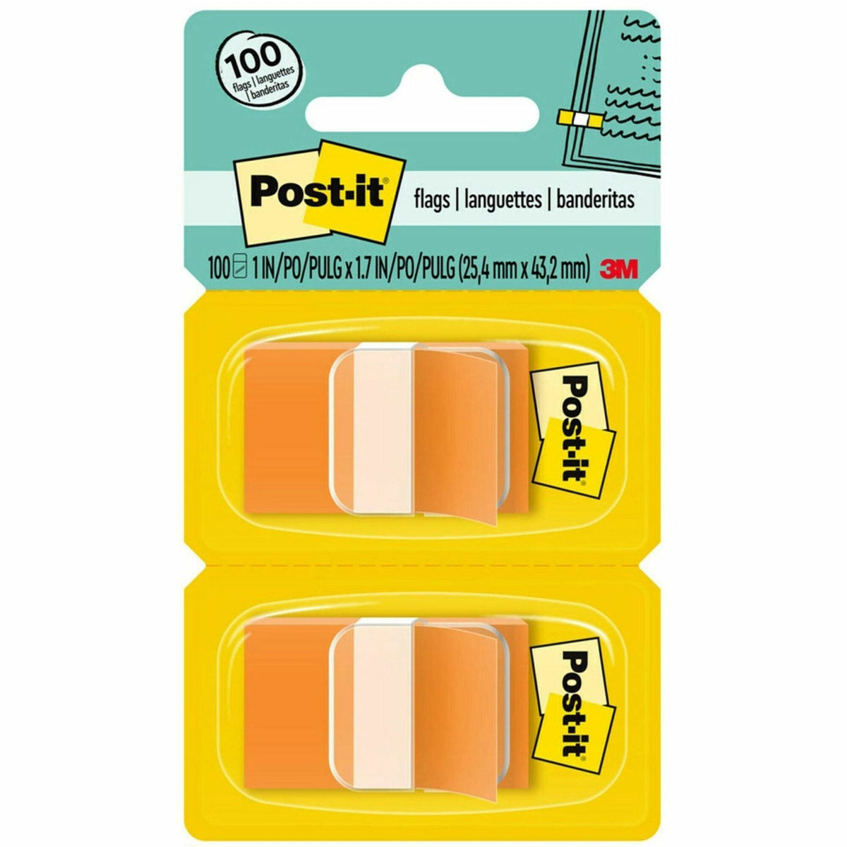 Post-it®  Flags - 100 x Orange - 1" Flag/Note Width x 1 3/4" Flag/Note Length - Rectangle - Unruled - Orange - Removable, Tab - Dispenser Included - 100 / Pack