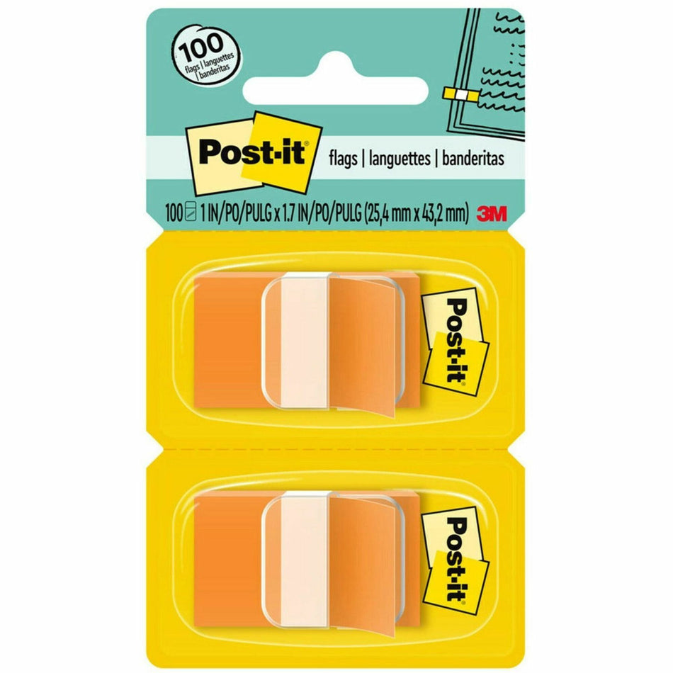 Post-it®  Flags - 100 x Orange - 1" Flag/Note Width x 1 3/4" Flag/Note Length - Rectangle - Unruled - Orange - Removable, Tab - Dispenser Included - 100 / Pack