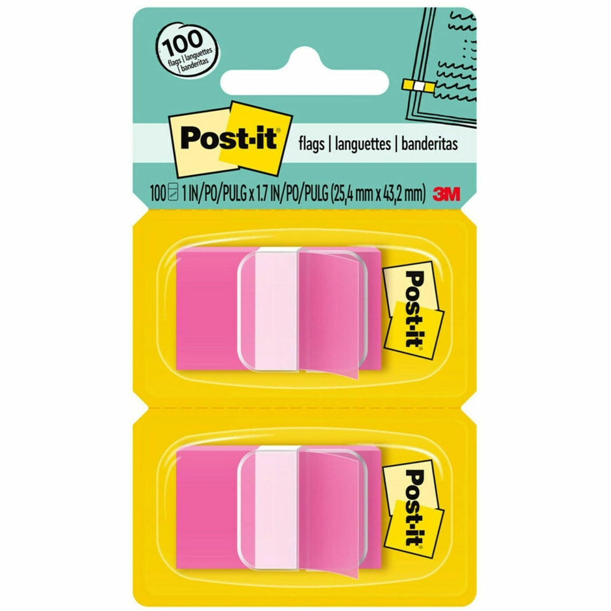 Post-it®  Flags - 100 x Bright Pink - 1" Flag/Note Width x 1 3/4" Flag/Note Length - Rectangle - Unruled - Pink - Removable, Self-adhesive - Dispenser Included - 100 / Pack