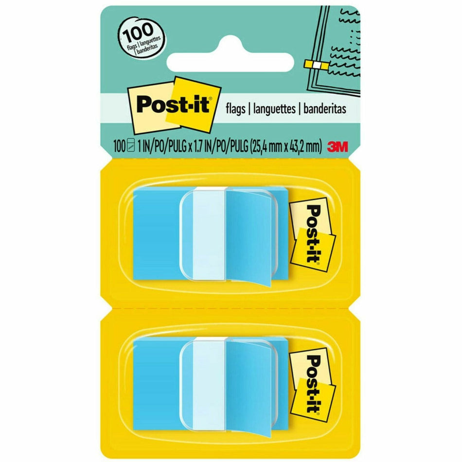 Post-it®  Flags - 100 x Blue - 1" Flag/Note Width x 1 3/4" Flag/Note Length - Rectangle - Unruled - Blue - Removable, Tab - Dispenser Included - 100 / Pack