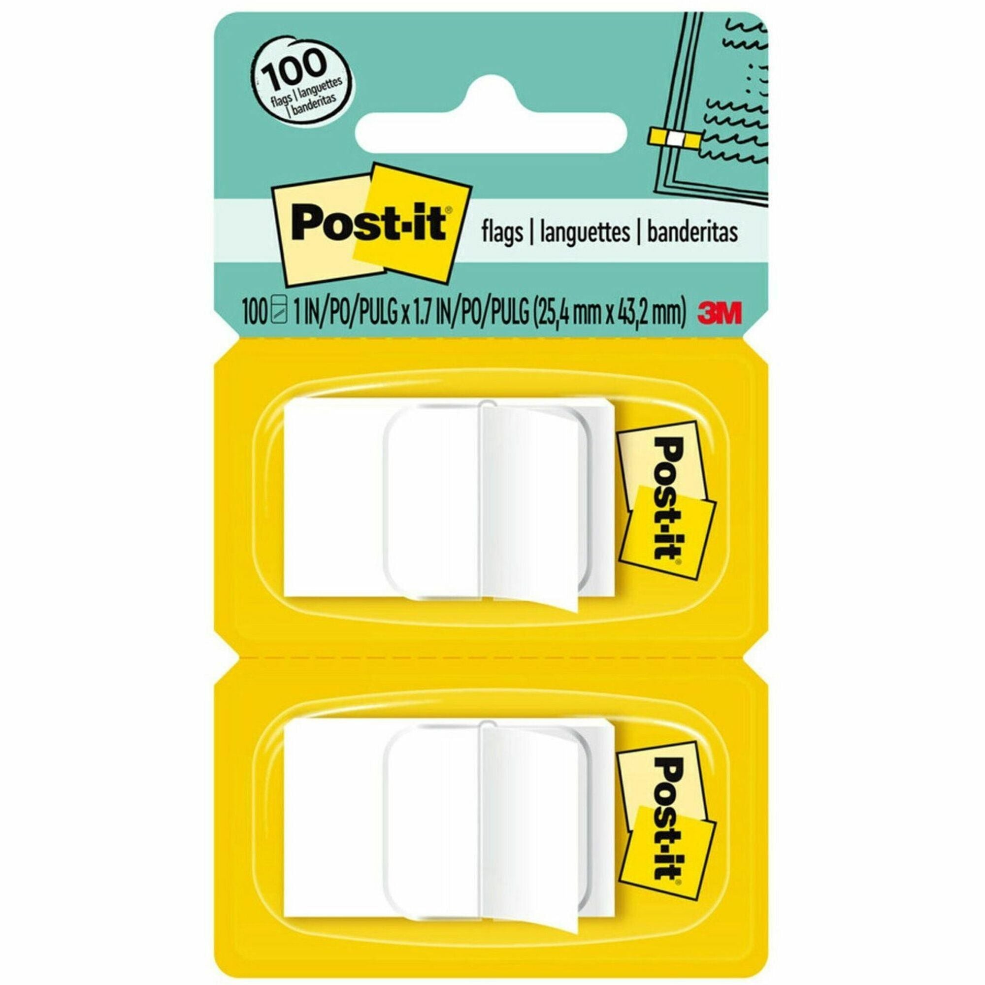 Post-it®  Flags - 100 - 1" Flag/Note Width x 1 3/4" Flag/Note Length - Rectangle - Unruled - White - Removable, Self-adhesive - Dispenser Included - 100 / Pack