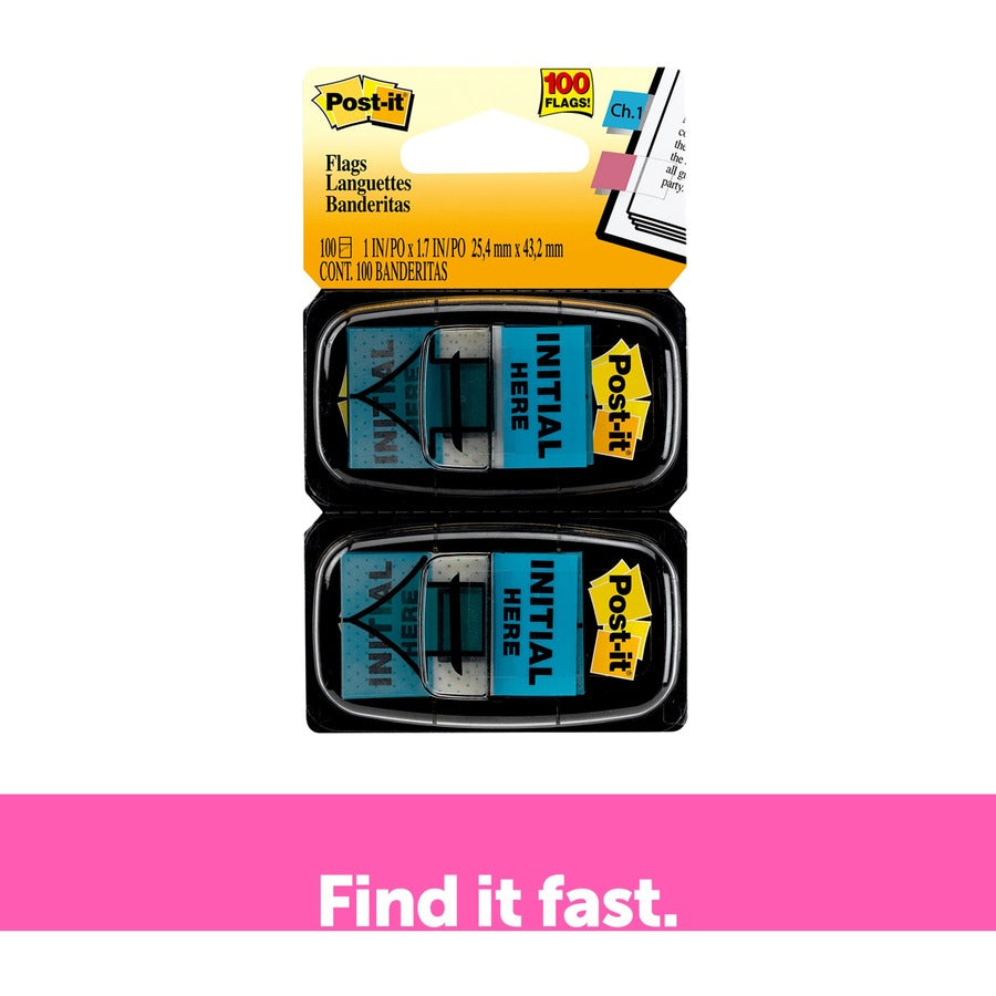 Post-it®  Message Flags - 100 - 1" Flag/Note Width x 1 3/4" Flag/Note Length - Arrow, Rectangle - Unruled - Initial Here - Blue - Removable, Self-adhesive - Dispenser Included - 100 / Pack
