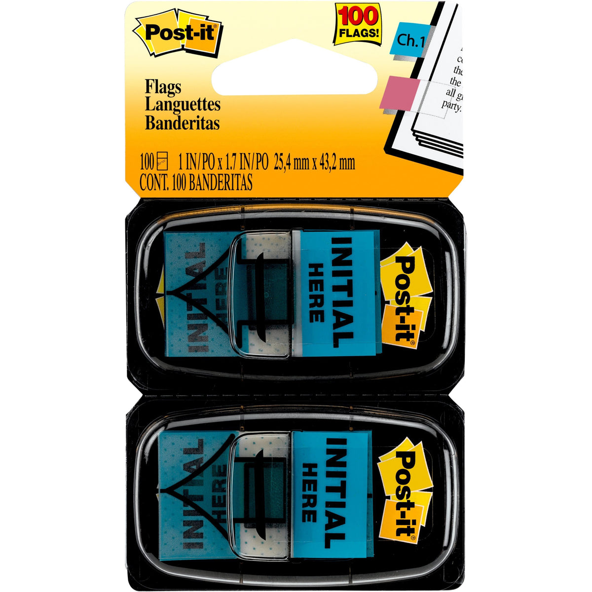 Post-it®  Message Flags - 100 - 1" Flag/Note Width x 1 3/4" Flag/Note Length - Arrow, Rectangle - Unruled - Initial Here - Blue - Removable, Self-adhesive - Dispenser Included - 100 / Pack
