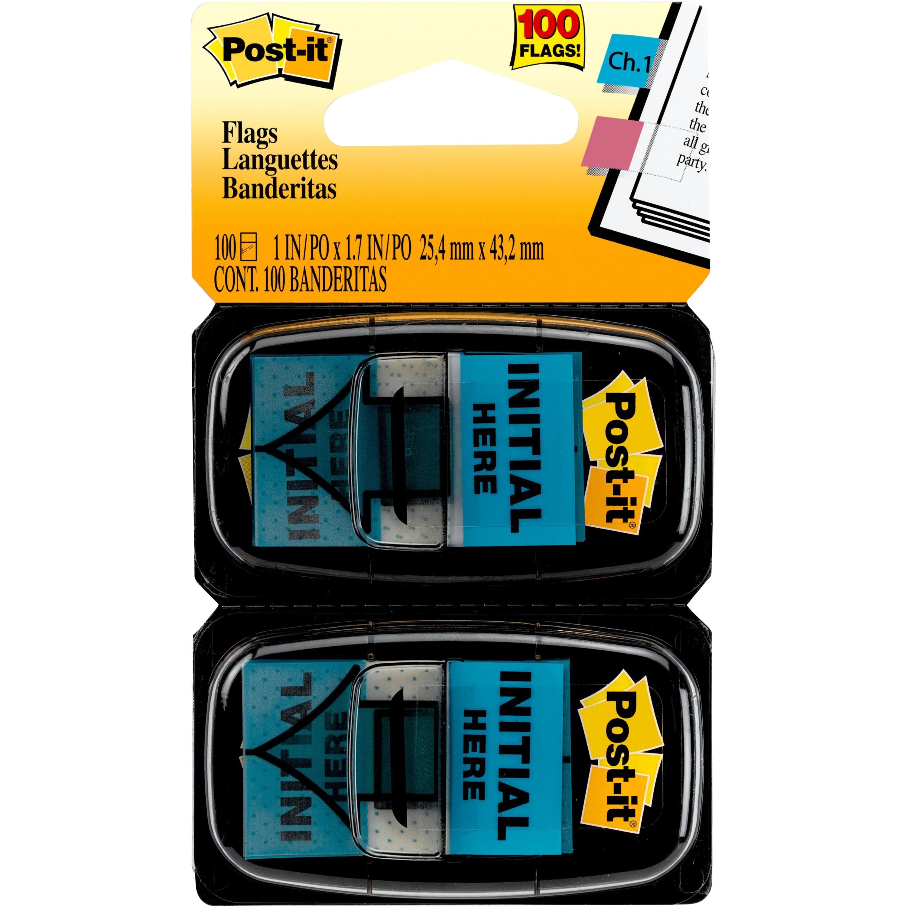 Post-it®  Message Flags - 100 - 1" Flag/Note Width x 1 3/4" Flag/Note Length - Arrow, Rectangle - Unruled - Initial Here - Blue - Removable, Self-adhesive - Dispenser Included - 100 / Pack