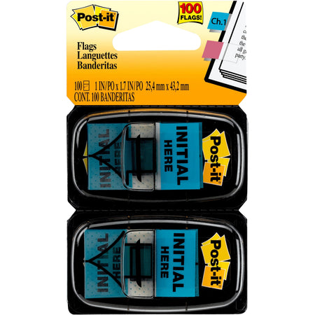 Post-it®  Message Flags - 100 - 1" Flag/Note Width x 1 3/4" Flag/Note Length - Arrow, Rectangle - Unruled - Initial Here - Blue - Removable, Self-adhesive - Dispenser Included - 100 / Pack