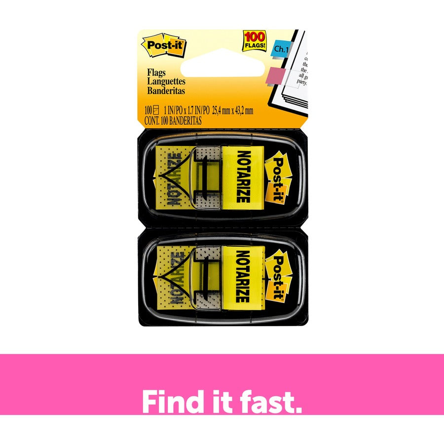 Post-it®  Message Flags - 100 - 1" Flag/Note Width x 1 3/4" Flag/Note Length - Arrow, Rectangle - Unruled - Notarize - Yellow - Removable, Self-adhesive - Dispenser Included - 100 / Pack