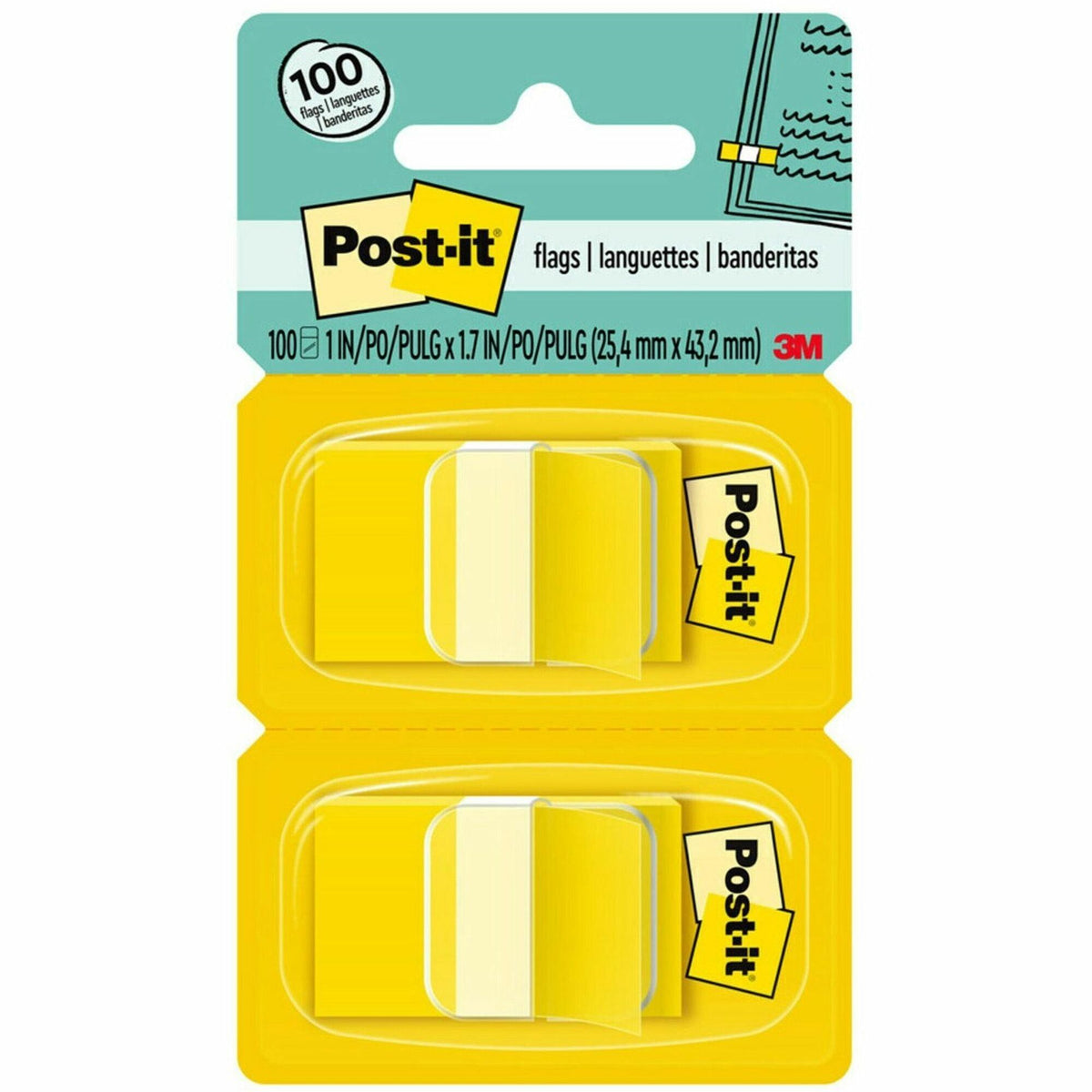 Post-it®  Flags - 100 x Yellow - 1" Flag/Note Width x 1 3/4" Flag/Note Length - Rectangle - Unruled - Yellow - Removable, Self-adhesive - Dispenser Included - 100 / Pack