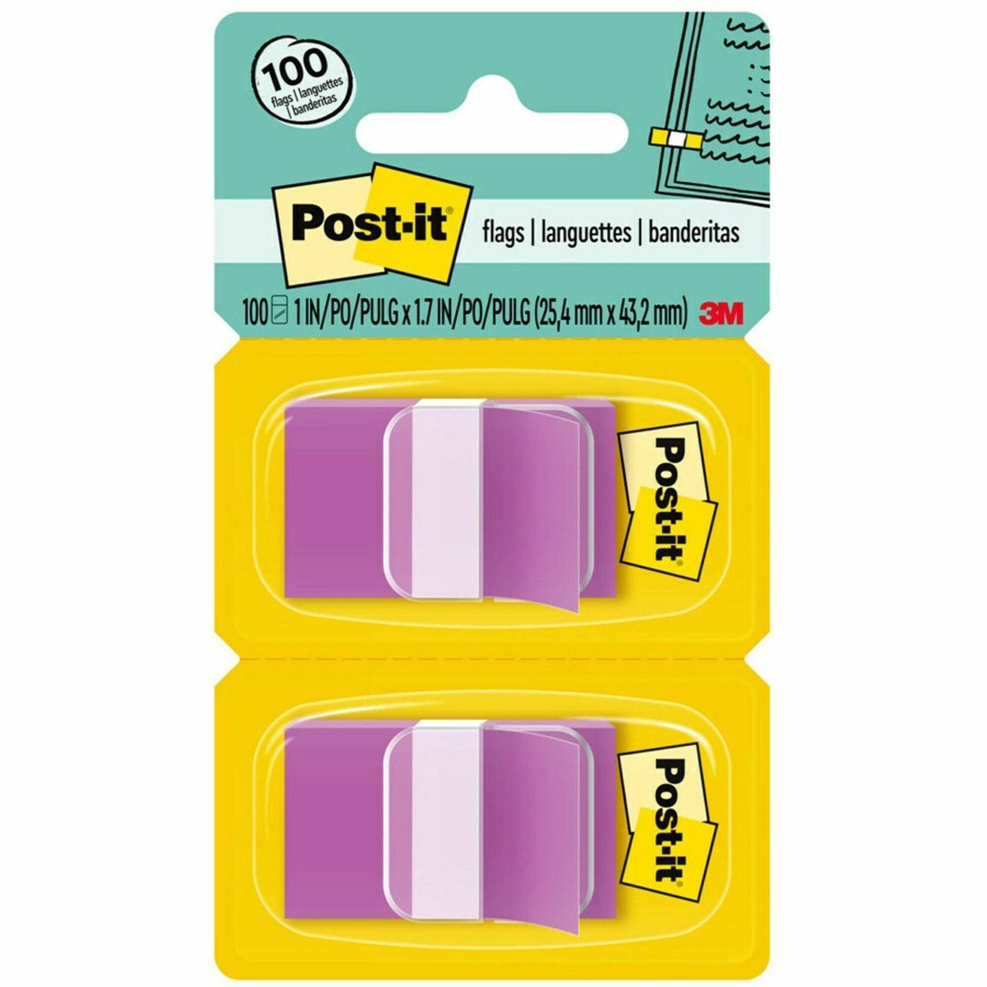 Post-it®  Flags - 100 - 1" Flag/Note Width x 1 3/4" Flag/Note Length - Rectangle - Unruled - Purple - Removable, Self-adhesive - Dispenser Included - 100 / Pack
