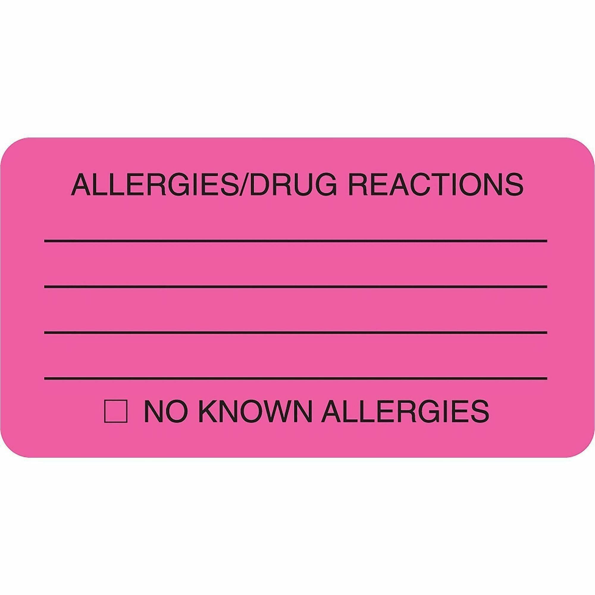 Tabbies ALLERY/DRUG REACTIONS Alert Labels - 3 1/4" Width x 1 3/4" Length - Pink - 250 / Roll