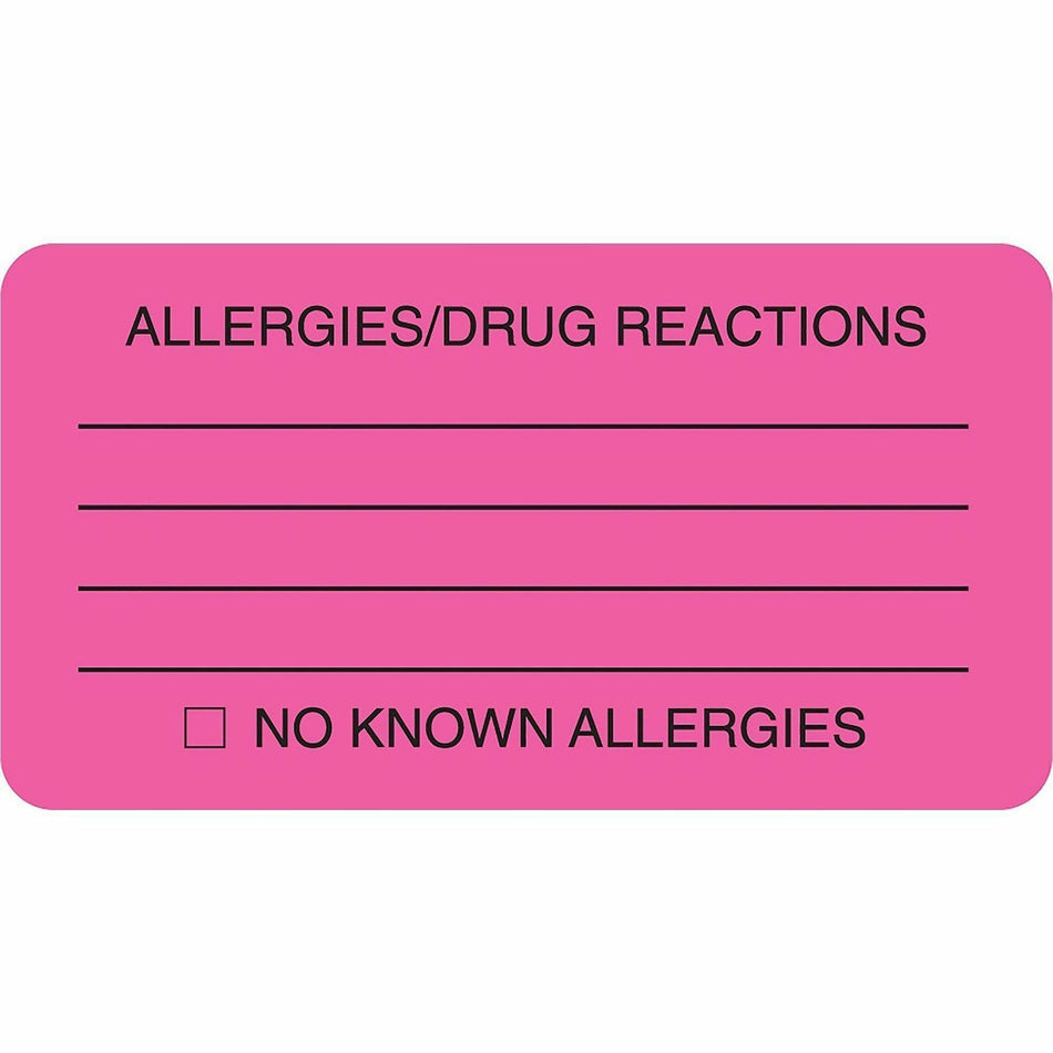 Tabbies ALLERY/DRUG REACTIONS Alert Labels - 3 1/4" Width x 1 3/4" Length - Pink - 250 / Roll