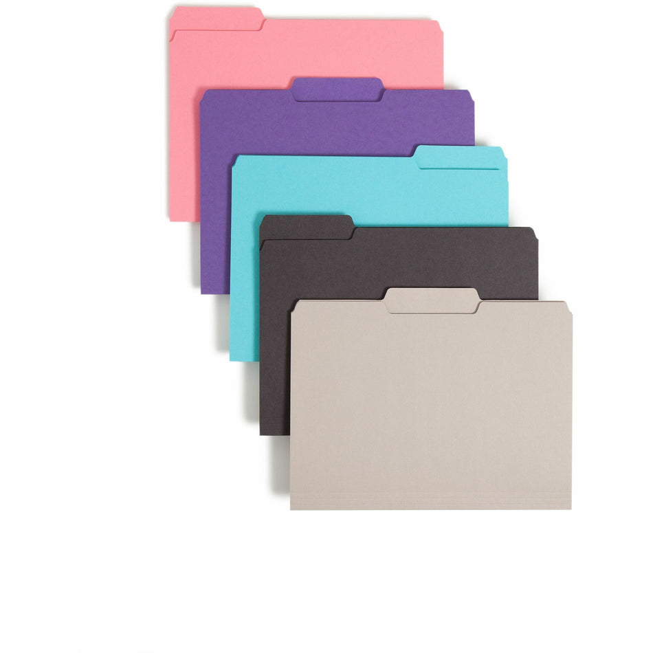 Smead Colored 1/3 Tab Cut Letter Recycled Interior File Folder - 8 1/2" x 11" - 3/4" Expansion - Top Tab Location - Assorted Tab Position - 11 pt. - 1 Plys - Paper Stock - Aqua, Black, Dark Pink, Gray, Purple - 10% Recycled - 100 / Box