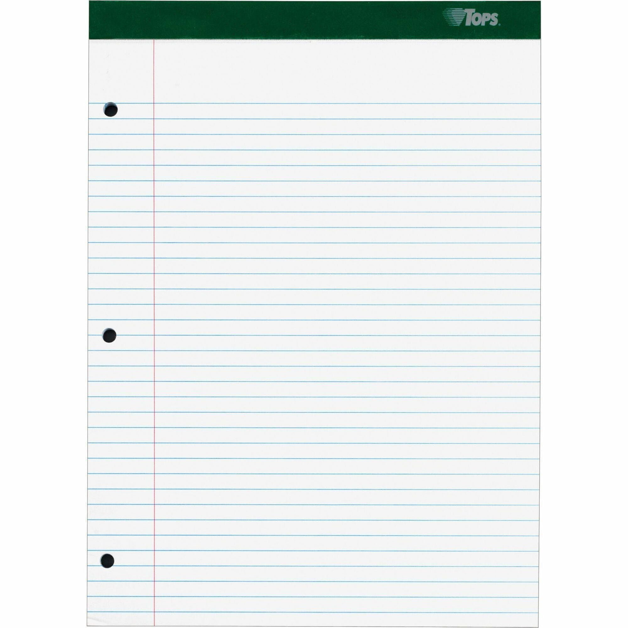 TOPS Double Docket Rigid Back Legal Pads - 100 Sheets - Stapled/Glued - Ruled Margin - 16 lb Basis Weight - 8 1/2" x 11 3/4" Sheet Size - White Paper - Green Binding - Hard Cover, Perforated, Stiff-back, Back Board - 1 Pad