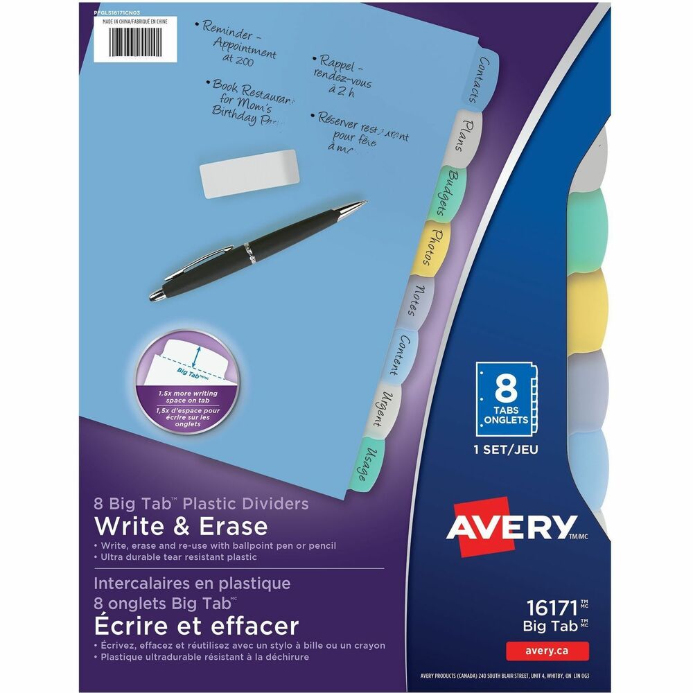 Avery® Big Tab&trade; Write & Erase Plastic Dividers, 8 tabs, 1 set - 8 x Divider(s) - Write-on Tab(s) - 8 - 8 Tab(s)/Set - 8.5" Divider Width x 11" Divider Length - 3 Hole Punched - Multicolor Plastic Divider - Multicolor Plastic Tab(s) - 8 / Set