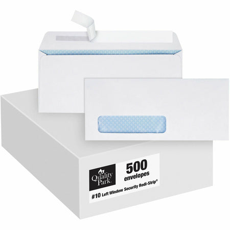 Quality Park No. 10 Window Security Tinted Envelopes with a Self-Seal Closure - Single Window - #10 - 4 1/8" Width x 9 1/2" Length - 24 lb - Self-sealing - White - Wove - 500 / Box
