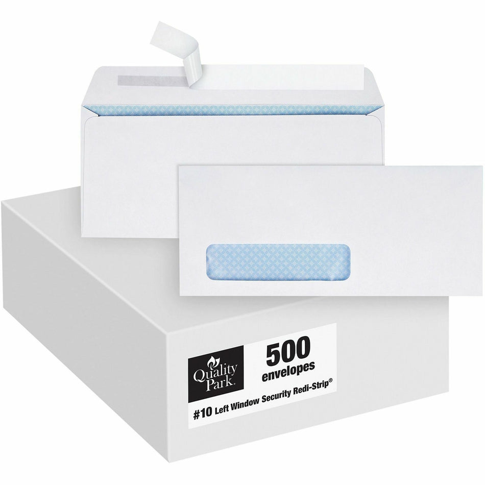 Quality Park No. 10 Window Security Tinted Envelopes with a Self-Seal Closure - Single Window - #10 - 4 1/8" Width x 9 1/2" Length - 24 lb - Self-sealing - White - Wove - 500 / Box