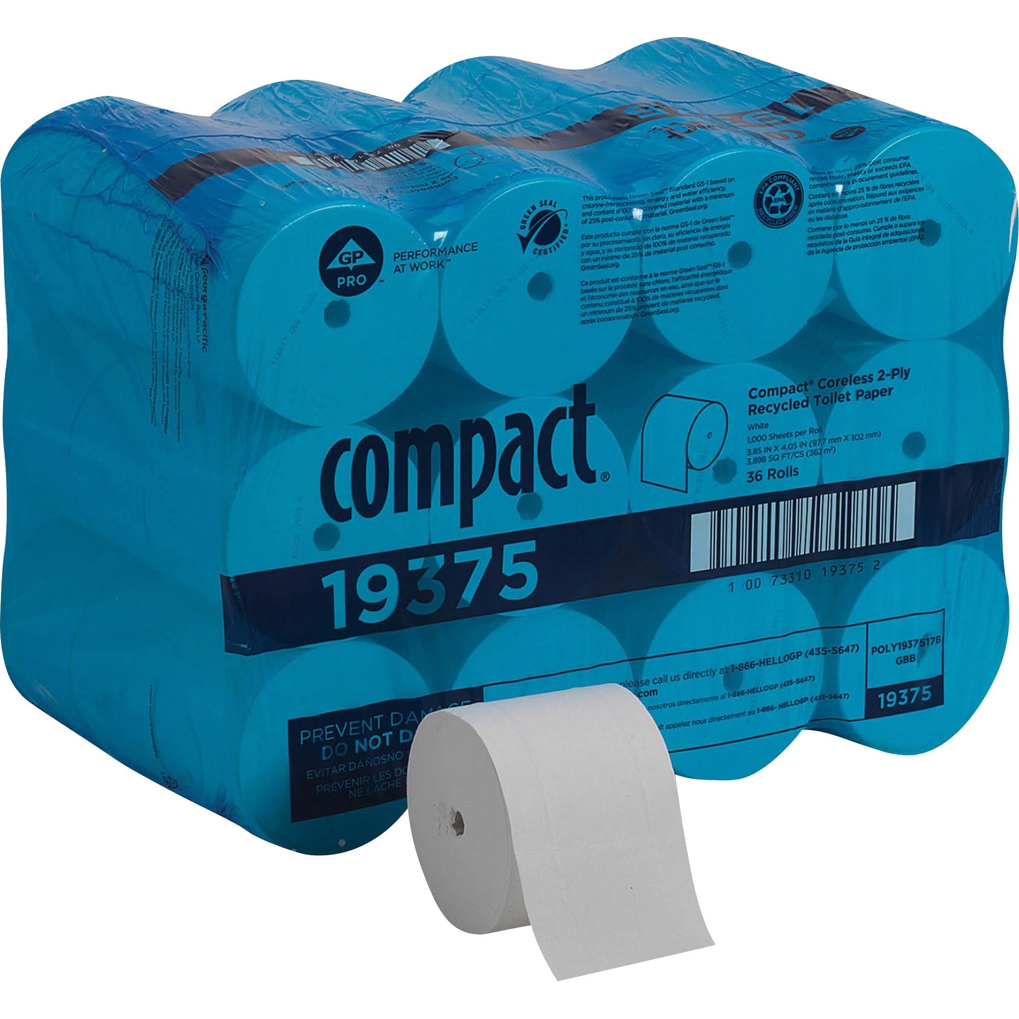 Compact Coreless Recycled Toilet Paper - 2 Ply - 4.05" Width x 3.85" Length - 1000 Sheets/Roll - White - 36 / Carton