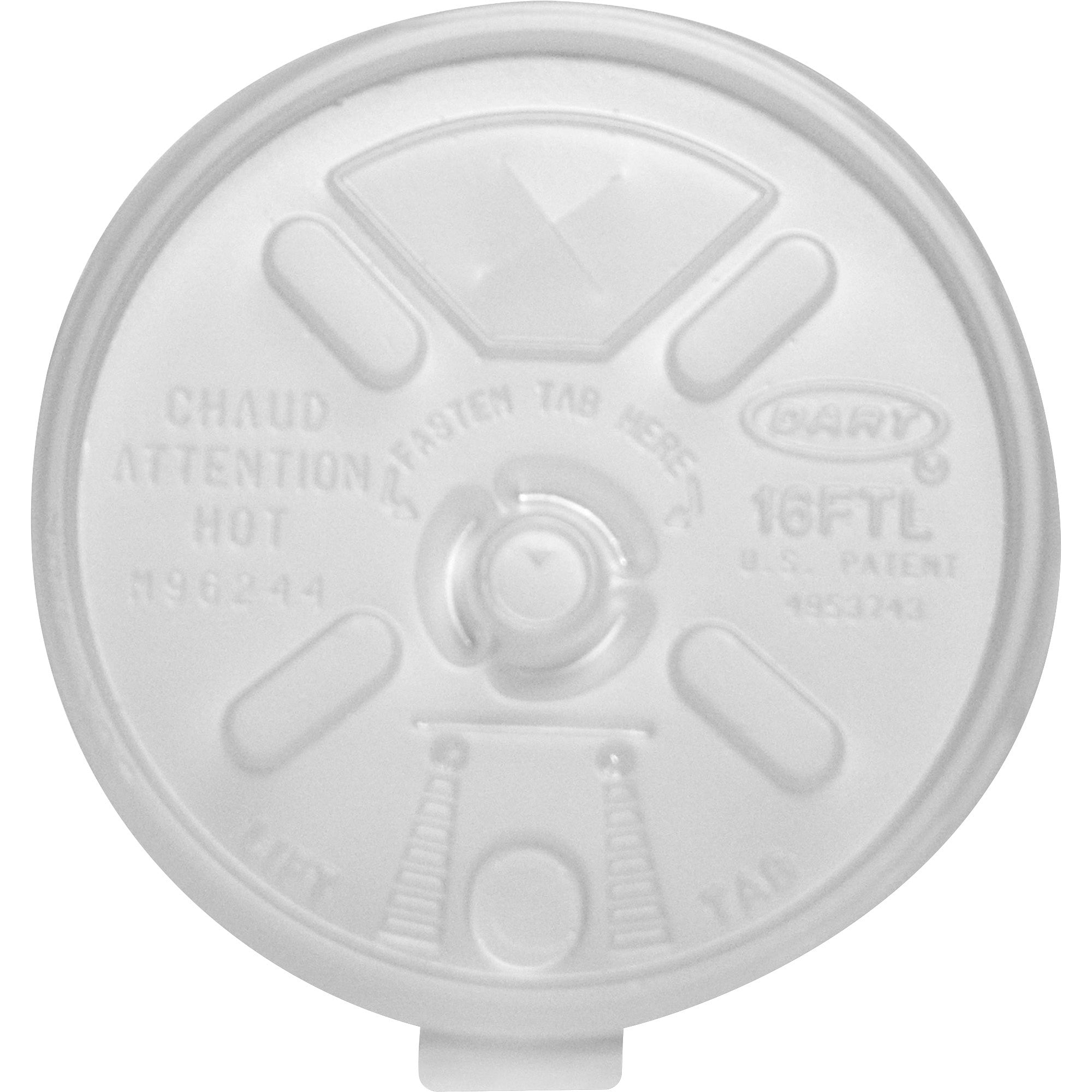 Dart 12-24 oz Foam Cup Straw-Slotted Lid with Lift n' Lock - Round - Plastic - White - 100/Bag - 10 / Carton