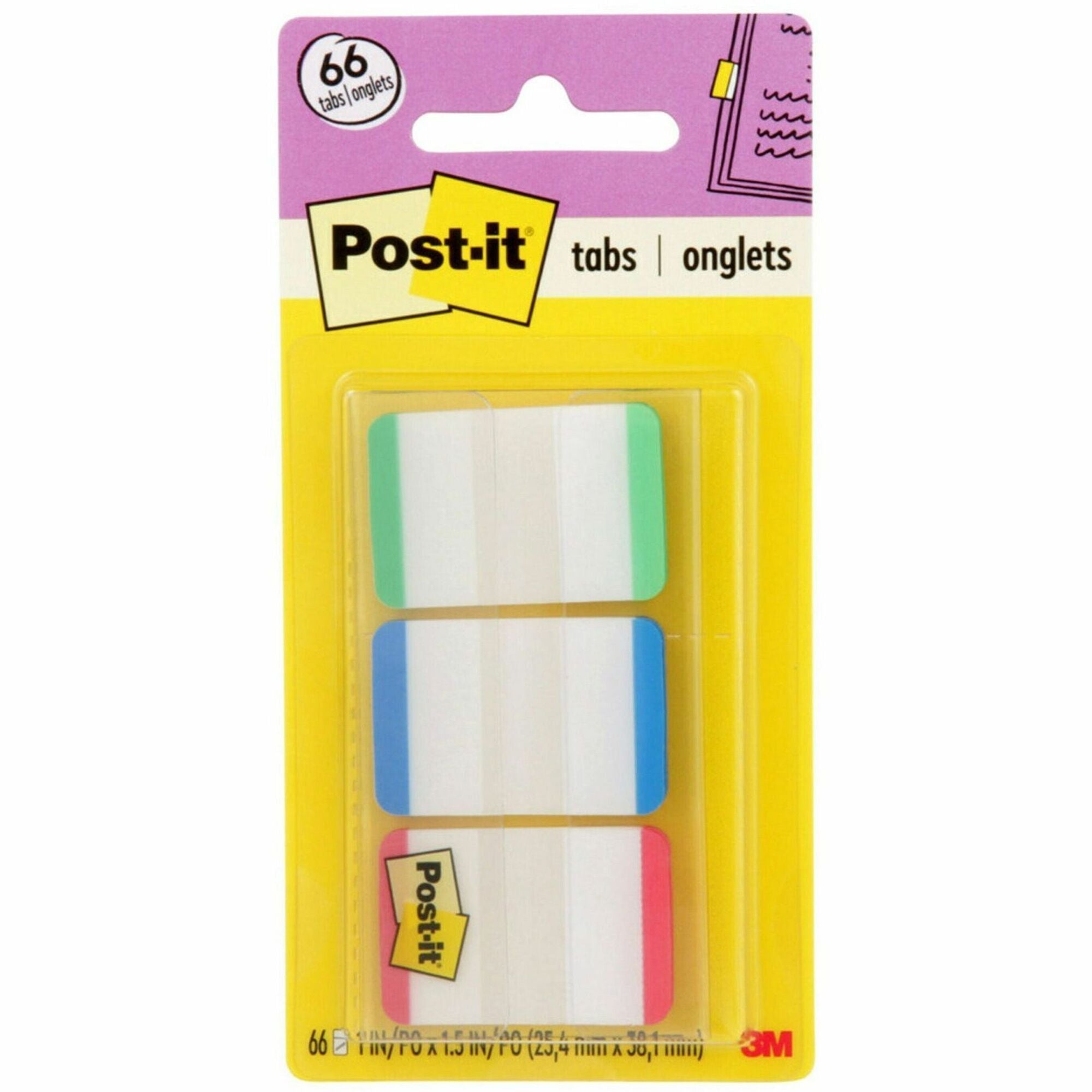 Post-it®  Durable Tabs - 1.50" Tab Height x 1" Tab Width - Green, Red, Blue Tab(s) - Repositionable - 66 / Pack