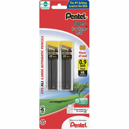 Pentel Super Hi-Polymer 0.9mm Lead Refill - 0.9 mm , Bold Point - HB - Black Lead - 30/Tube - 2 / Pack