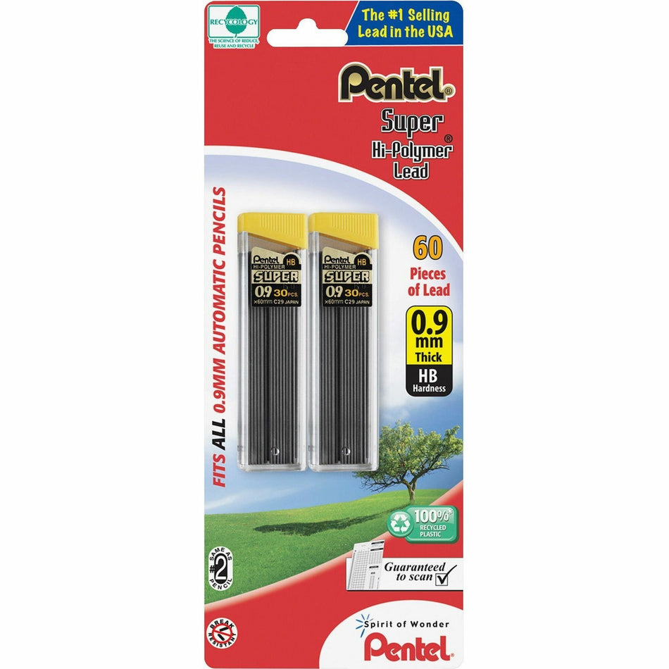 Pentel Super Hi-Polymer 0.9mm Lead Refill - 0.9 mm , Bold Point - HB - Black Lead - 30/Tube - 2 / Pack