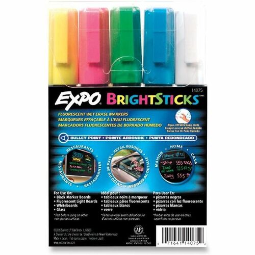 Expo Bright Sticks Marker Set - Bullet Marker Point - Pink, Blue, White, Yellow, Green Ink - Water Based - Assorted Barrel - 5 / Set