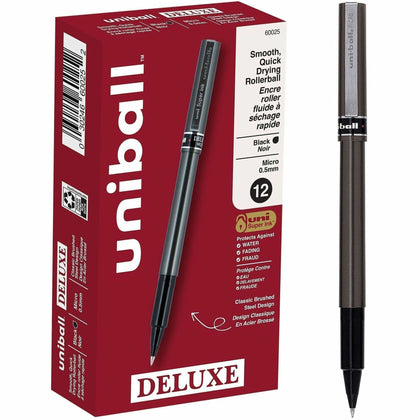 uniball™ Deluxe Rollerball Pens - 0.5 mm Micro Pen Point - Black Ink - Silver Barrel - Stainless Steel Tip - 1 Each