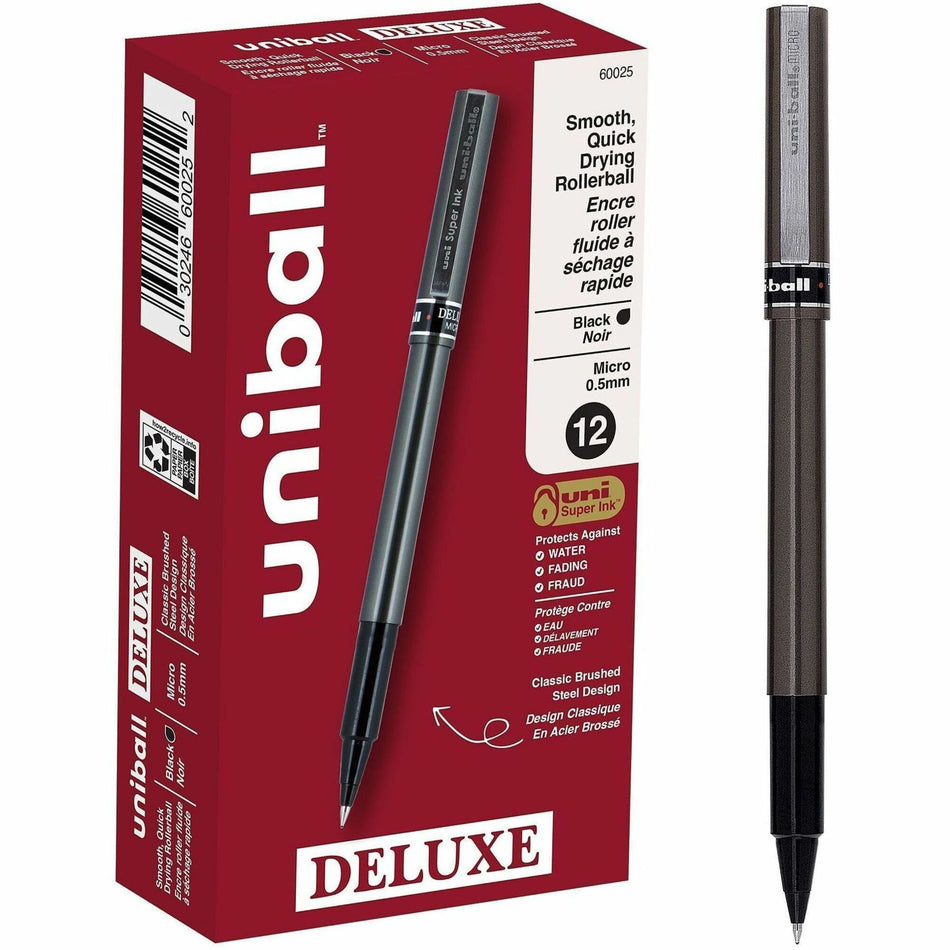 uniball&#8482; Deluxe Rollerball Pens - 0.5 mm Micro Pen Point - Black Ink - Silver Barrel - Stainless Steel Tip - 1 Each