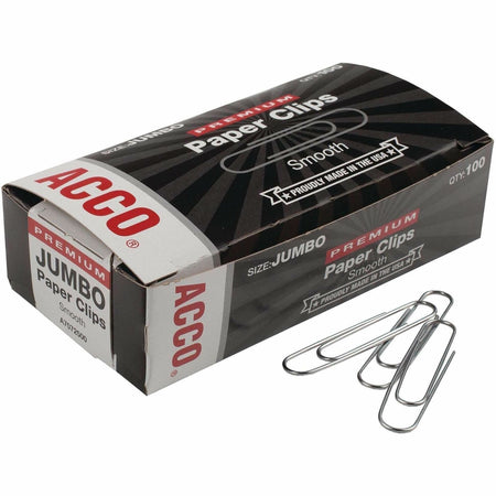 ACCO Premium Jumbo Smooth Paper Clips - Jumbo - 2.3" Width - 1.88" Size Capacity - 20 Sheet Capacity - Corrosion Resistant, Galvanized, Long Lasting - Silver - Metal - 100/Box - 10 / Pack